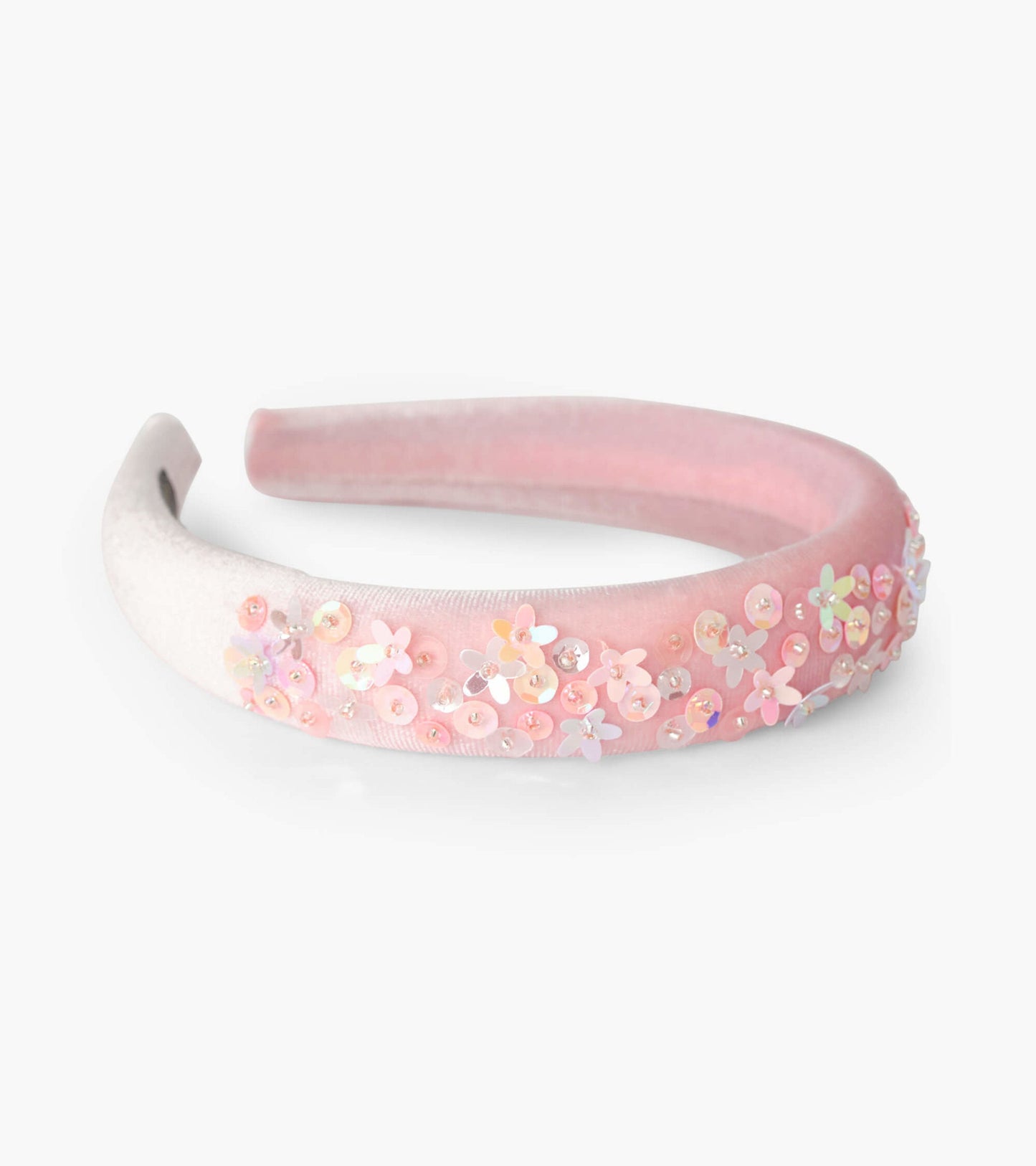 Rose velvet headband featuring a floral design with sequins and beads, ideal for adding a playful touch to hairstyles.