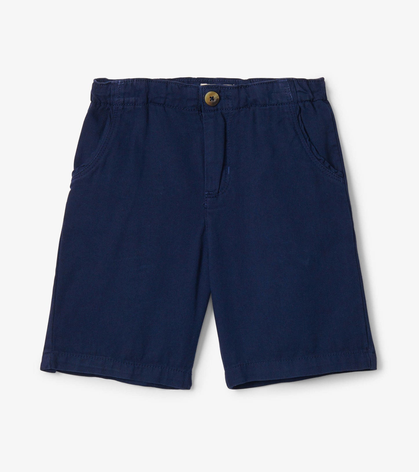 Navy twill shorts with a button closure and side pockets, suitable for casual wear.
