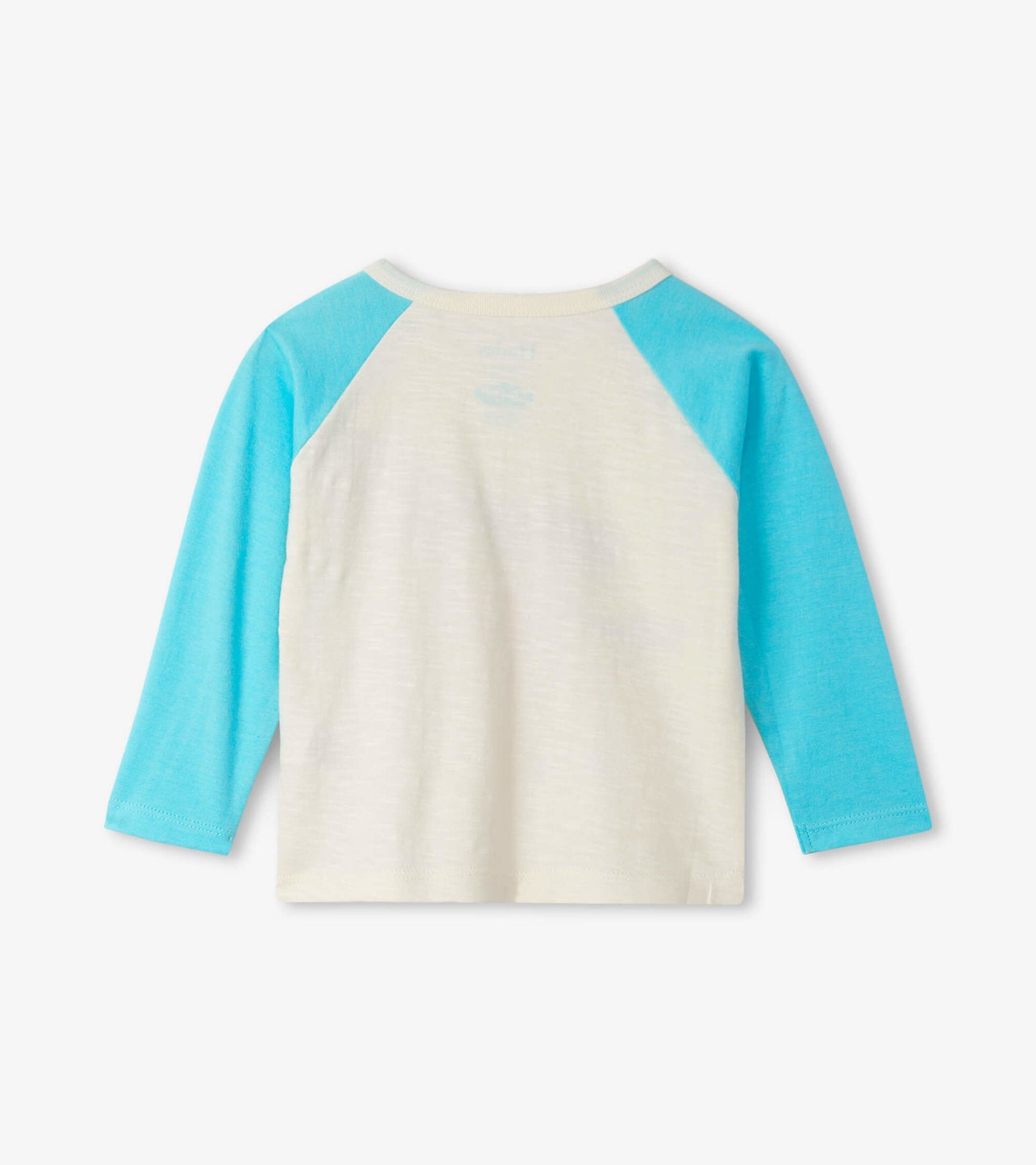 Light cream baby tee with turquoise raglan sleeves, featuring a soft, comfortable fabric suitable for infants.