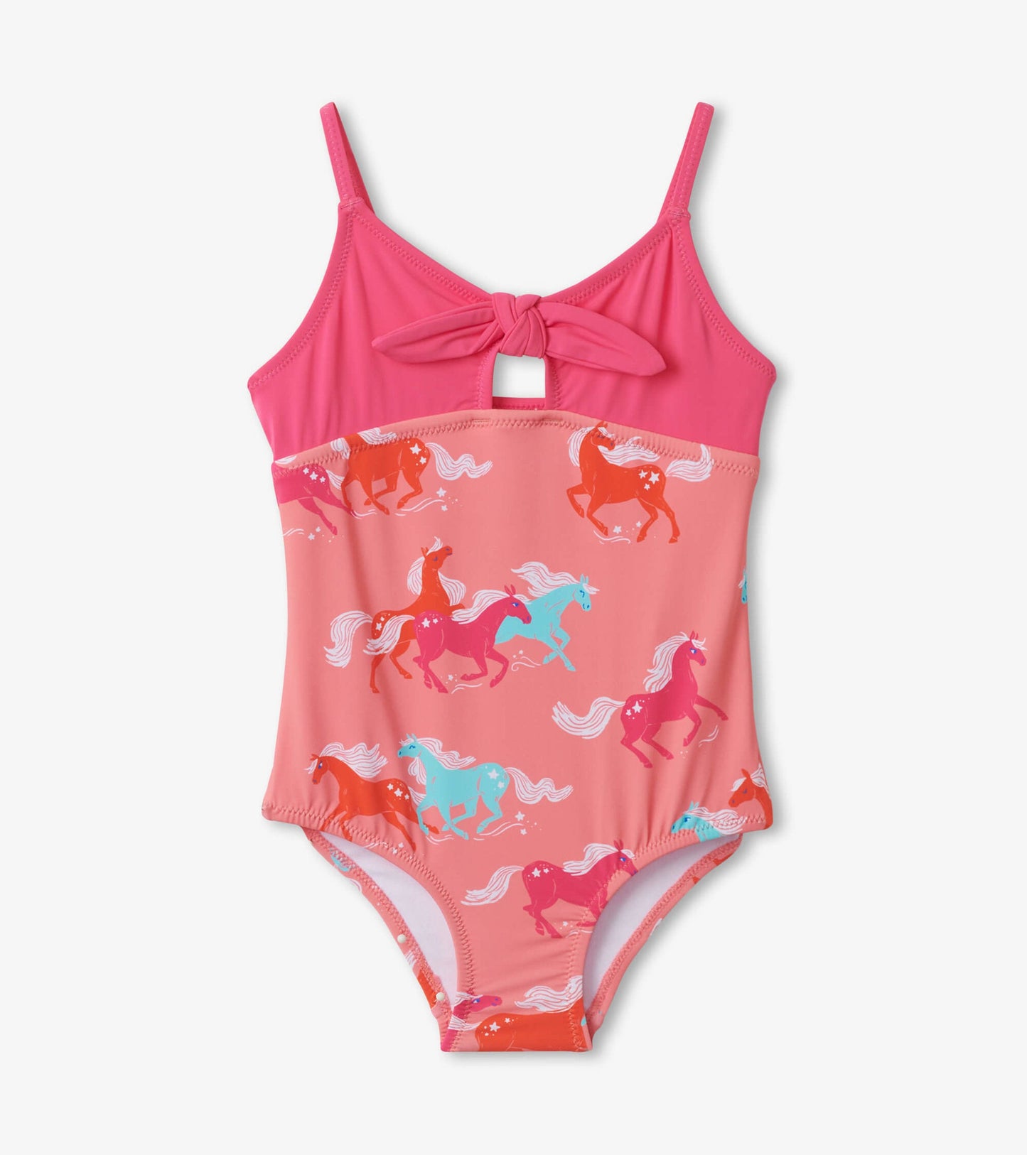 Pink swimsuit with playful horse print, tie front detail, and adjustable straps, suitable for kids.