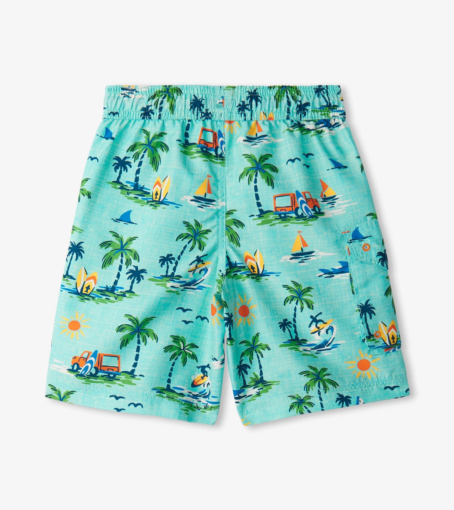 Turquoise board shorts featuring a tropical print with palm trees, surfboards, and sailboats. Elastic waistband with side po…