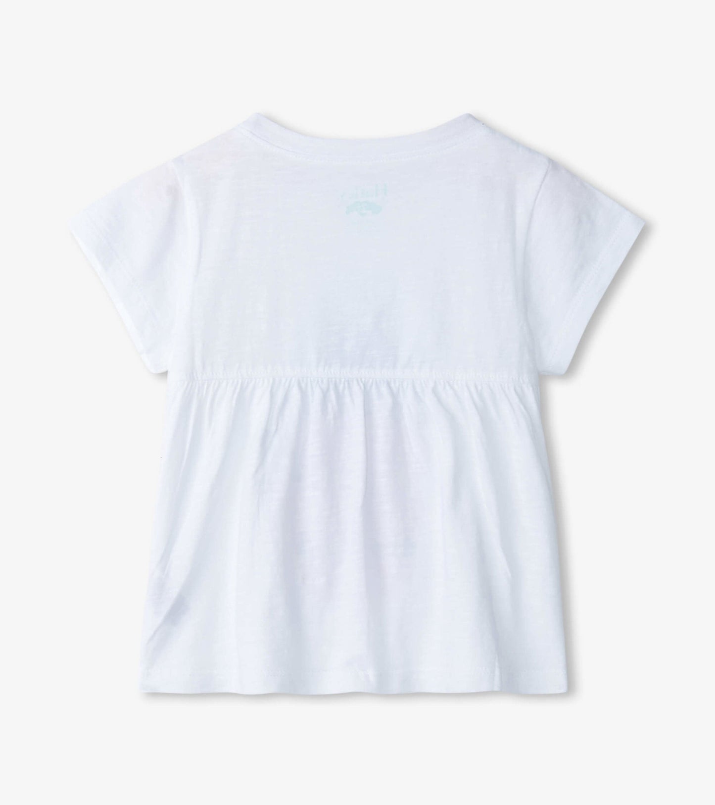 White short-sleeve tee with a gathered waist and a subtle pineapple graphic on the back.