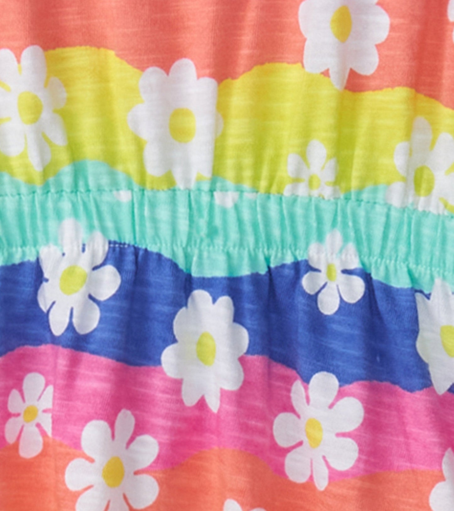 Colorful dress featuring horizontal stripes in pink, blue, yellow, and green with white daisies throughout.