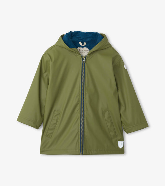 Forest green zip-up raincoat with a hood and side pockets, featuring a soft blue lining.