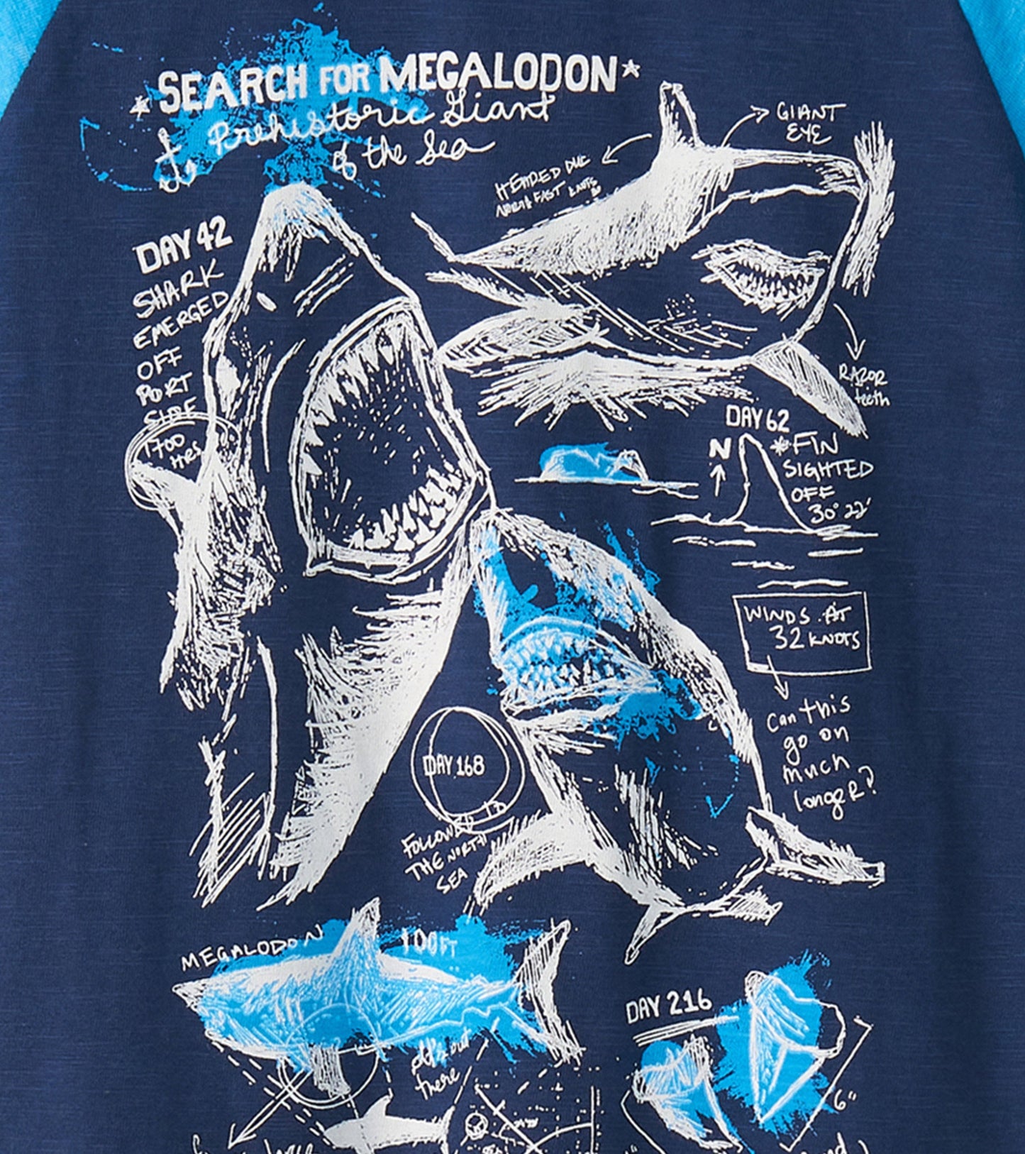 Navy raglan t-shirt featuring white and blue shark illustrations and text, suitable for boys.
