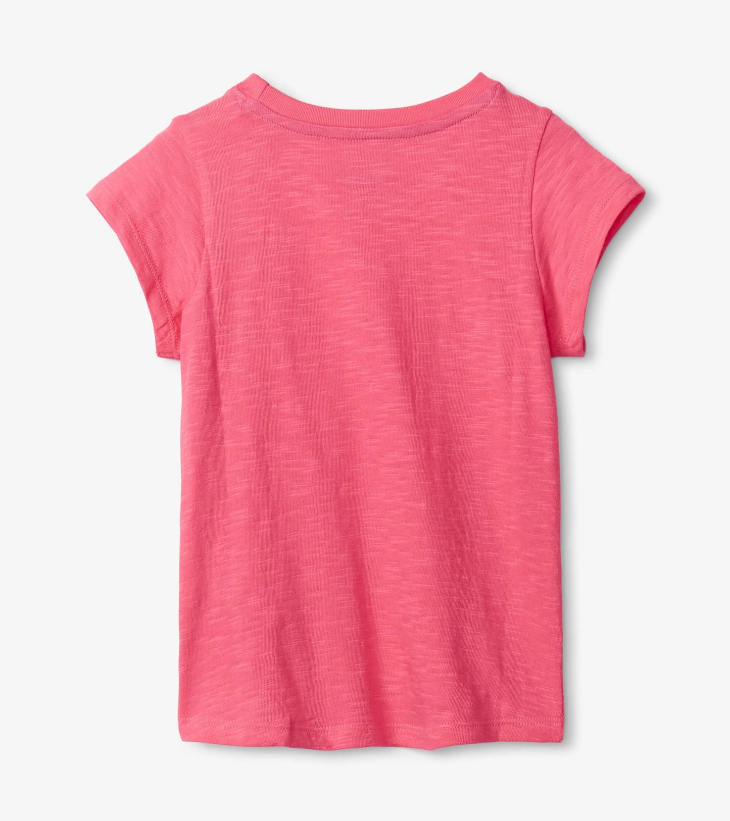 Pink short-sleeve tee with a tie front detail, featuring a soft, textured fabric. Back view shown.