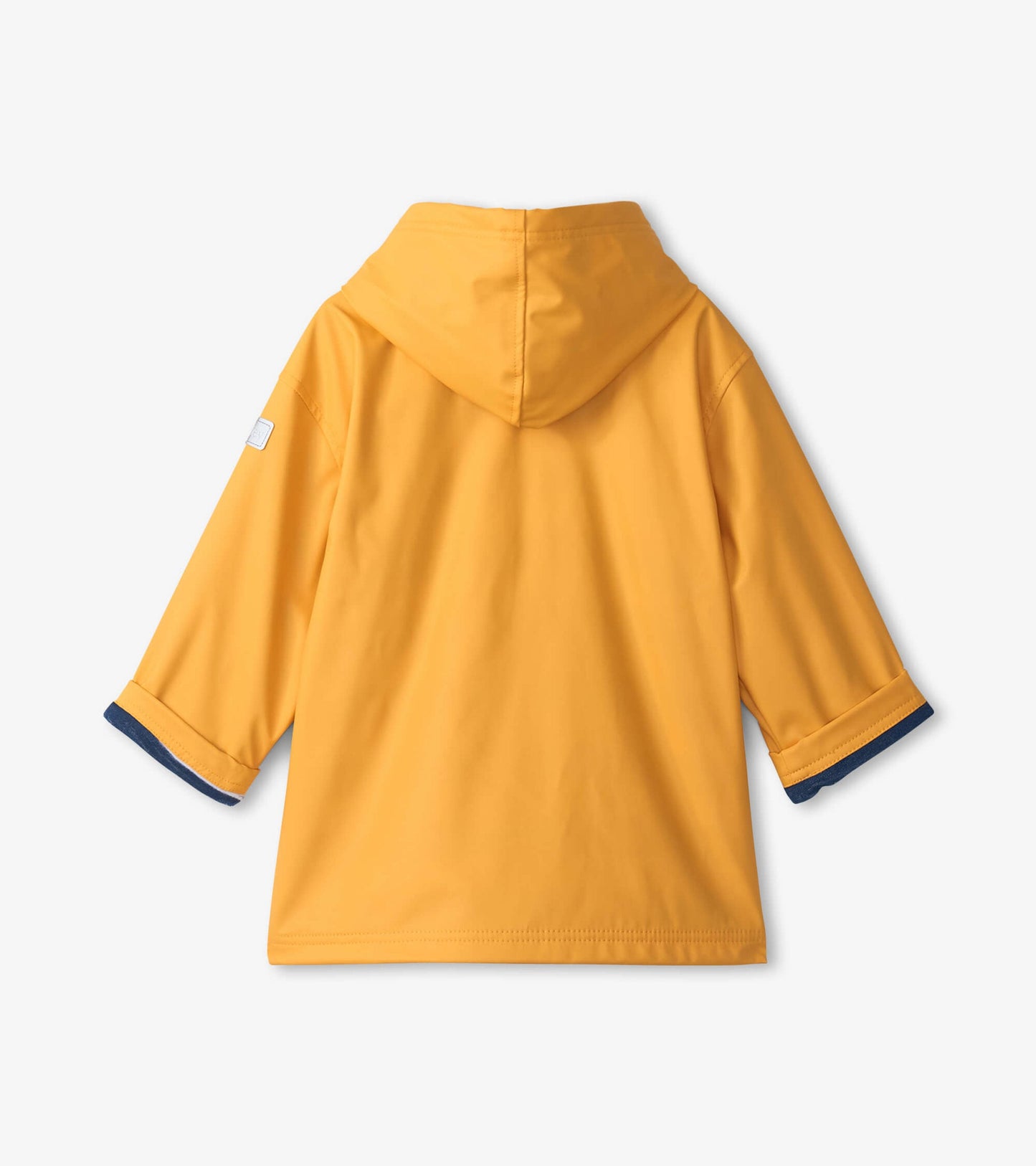 Yellow zip-up raincoat with a hood and navy blue trim on sleeves, designed for kids.