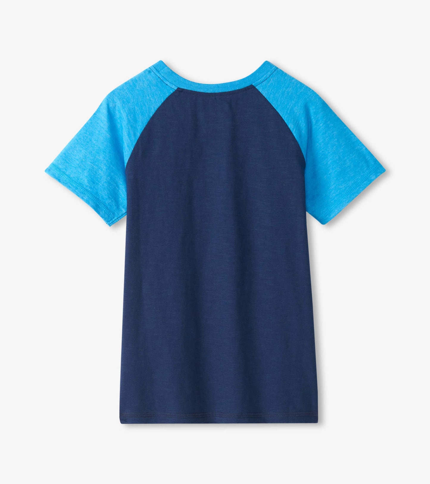 Boys raglan t-shirt featuring a navy body and light blue sleeves, made from soft cotton material.