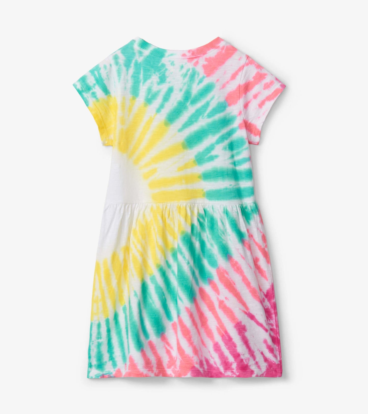 Short-sleeved skater dress featuring a colorful tie-dye pattern in pink, yellow, and teal on a white background.