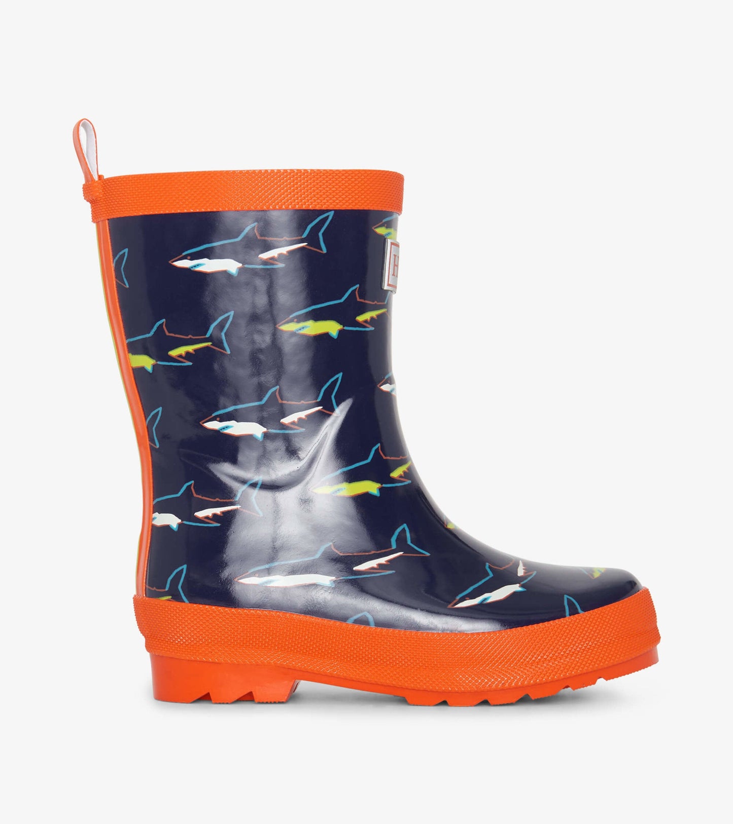 Navy shiny wellies featuring colorful shark patterns and an orange trim, designed for kids' outdoor play.