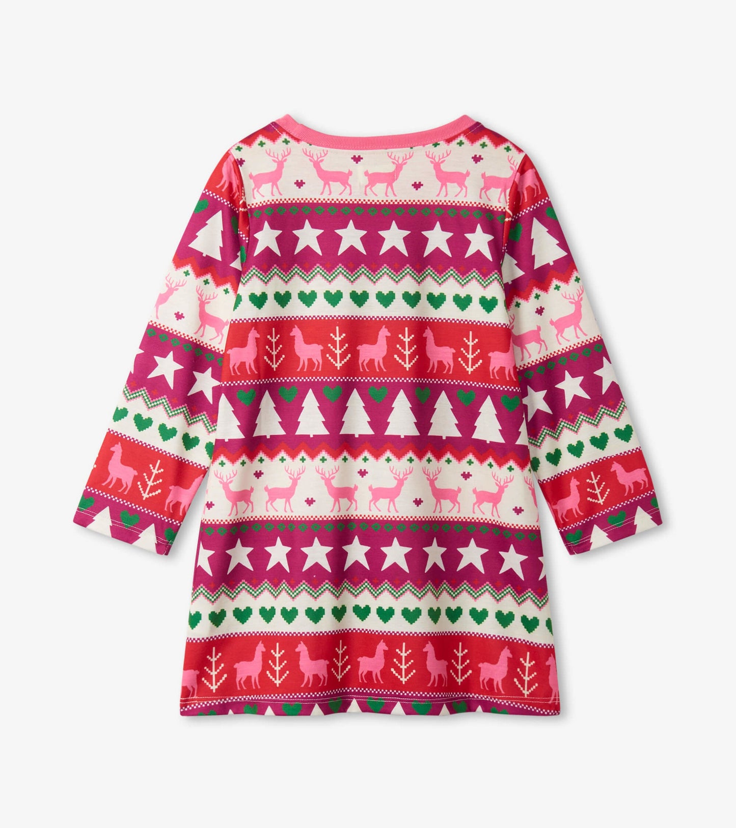 Long sleeve girls' nightgown featuring a colorful Fair Isle pattern with reindeer, trees, and stars on a pink background.