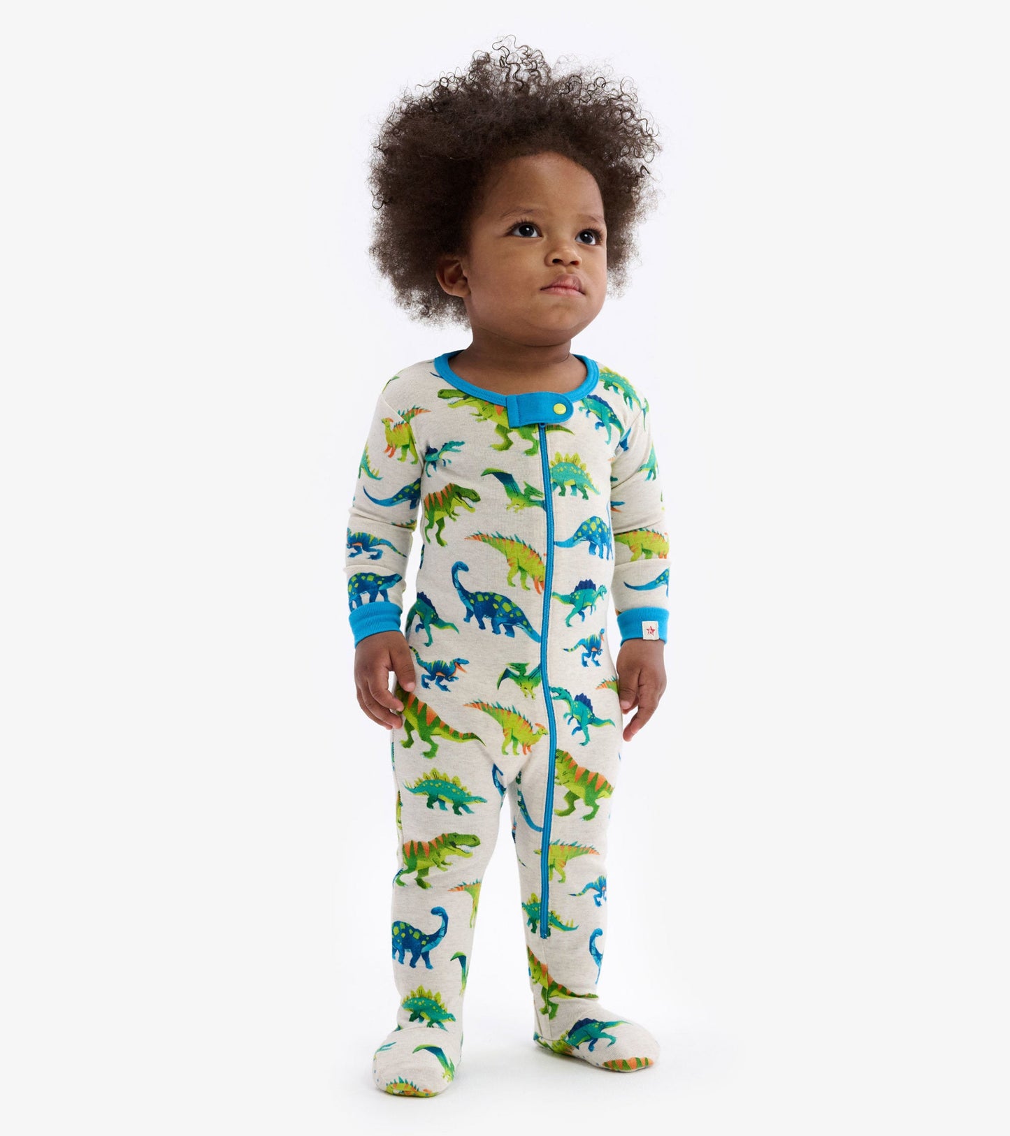 Footed sleeper featuring a colourblock design with colorful dinosaur prints on a light background. Suitable for infants.