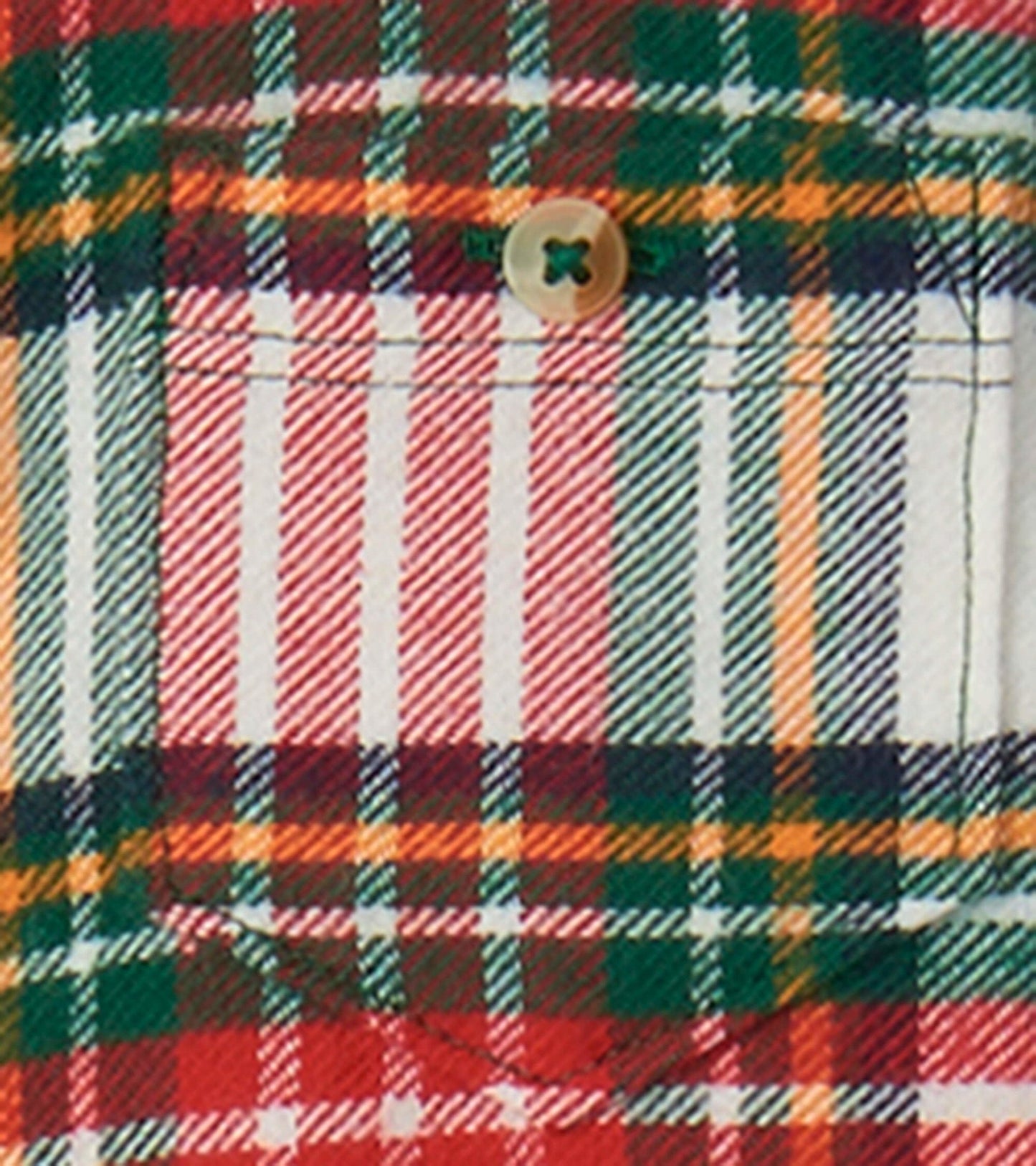Red, green, and orange plaid button-down shirt for babies, featuring a chest pocket and a classic collar.