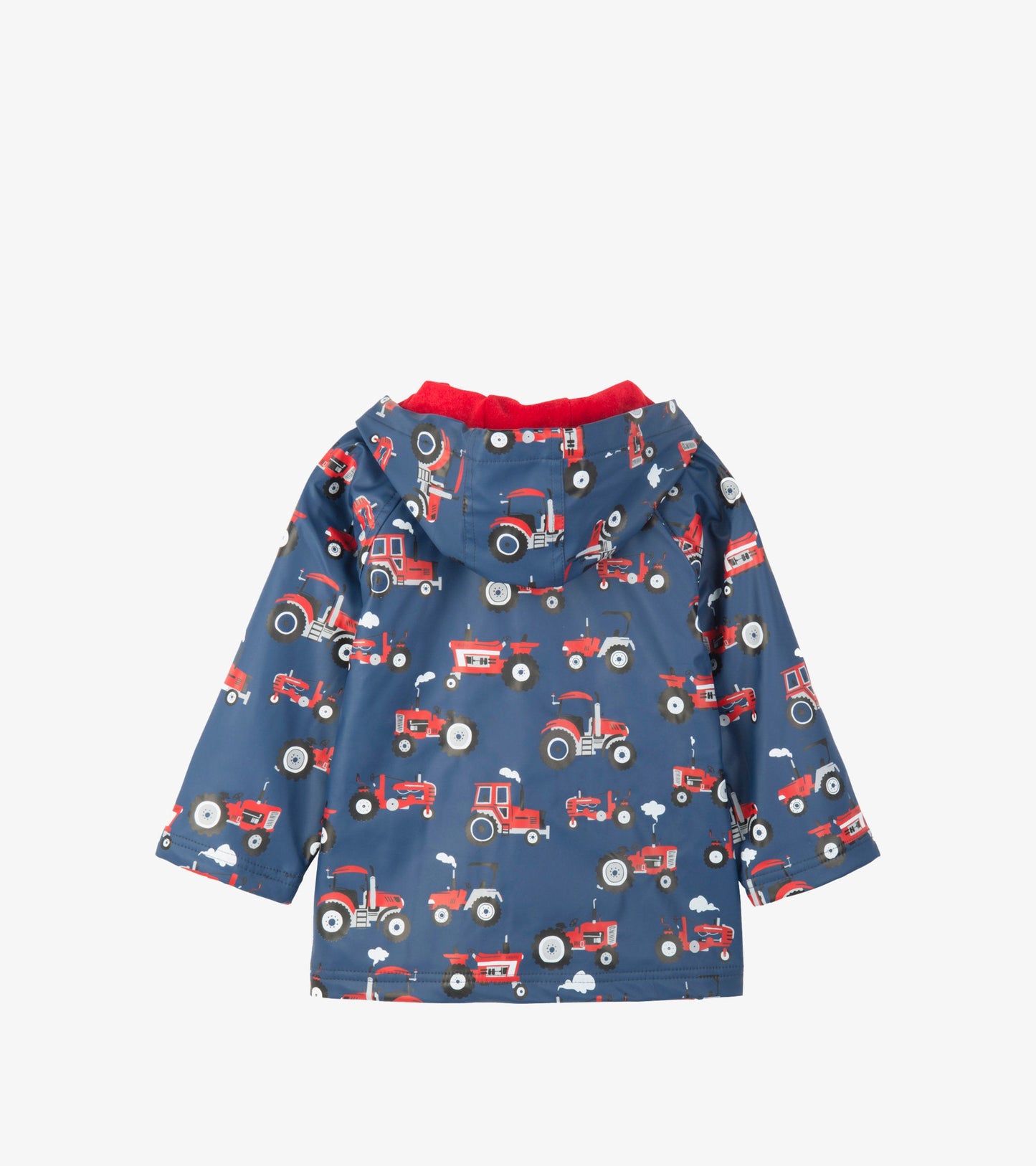 Red farm tractors pattern on a navy raincoat with a red hood, designed for kids. Back view shown.