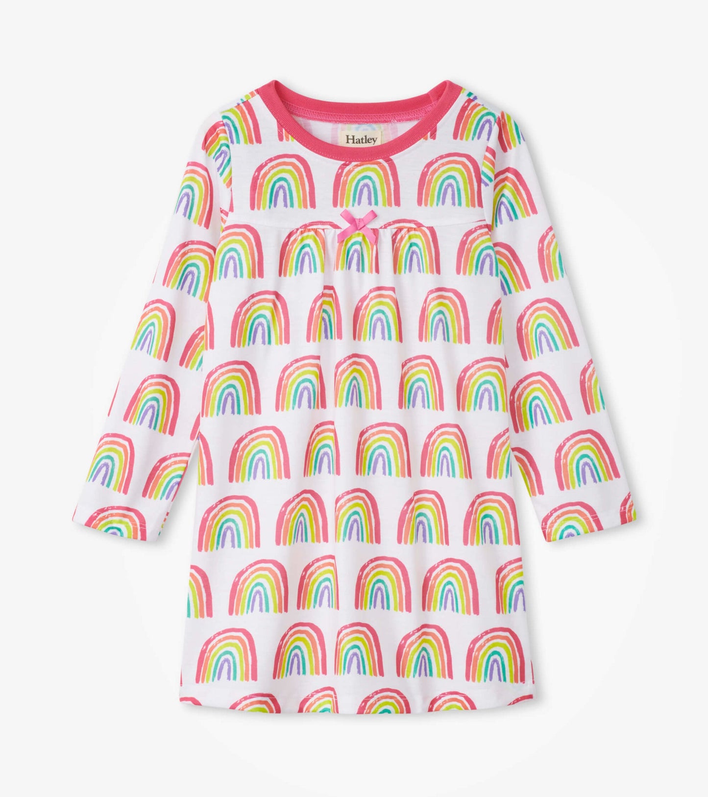 Long sleeve nightdress featuring a colorful rainbow pattern on a white background with a pink neckline and bow detail.