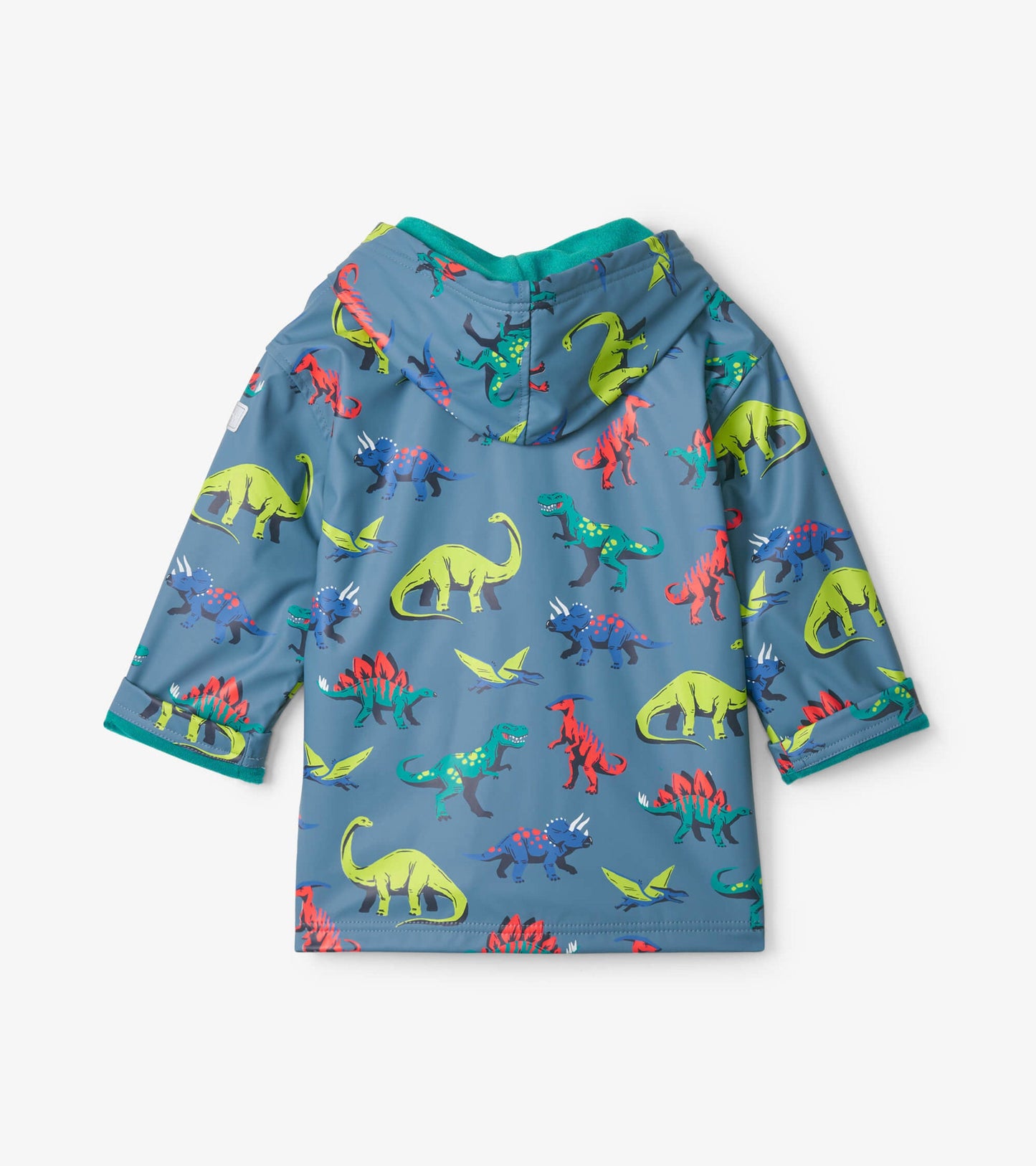 Blue splash jacket featuring colorful dinosaur patterns, with a hood and short sleeves.