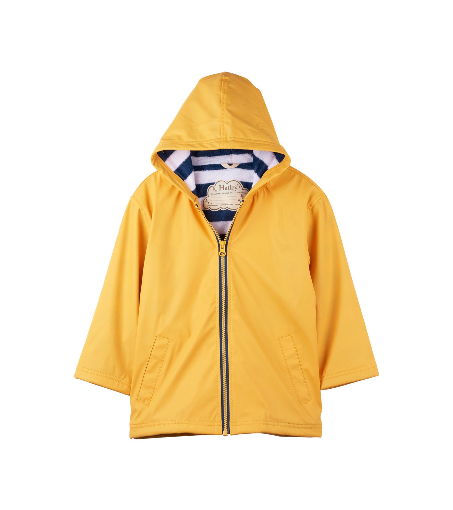 Yellow zip-up raincoat with a hood and striped lining, featuring two front pockets and a lightweight design.