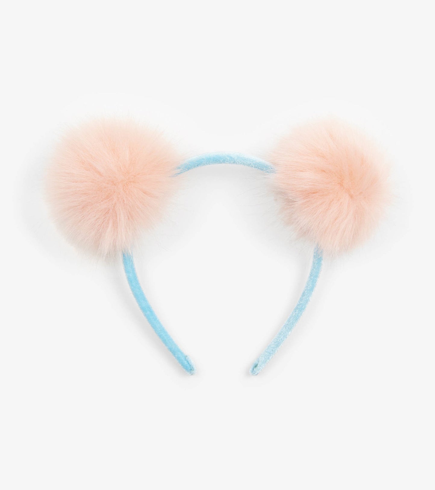 Fluffy pink pom poms on a light blue headband, perfect for kids' accessories.
