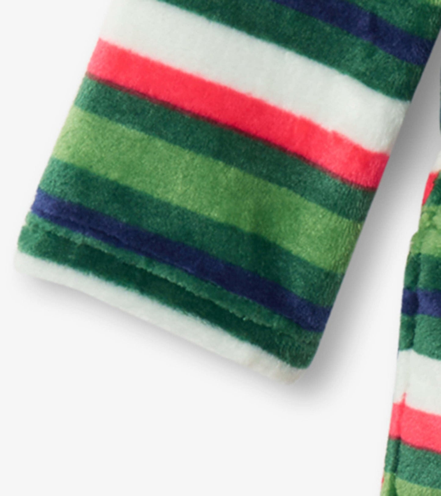 Kids fleece robe featuring colorful holiday stripes in green, red, white, and navy. Soft and cozy material.