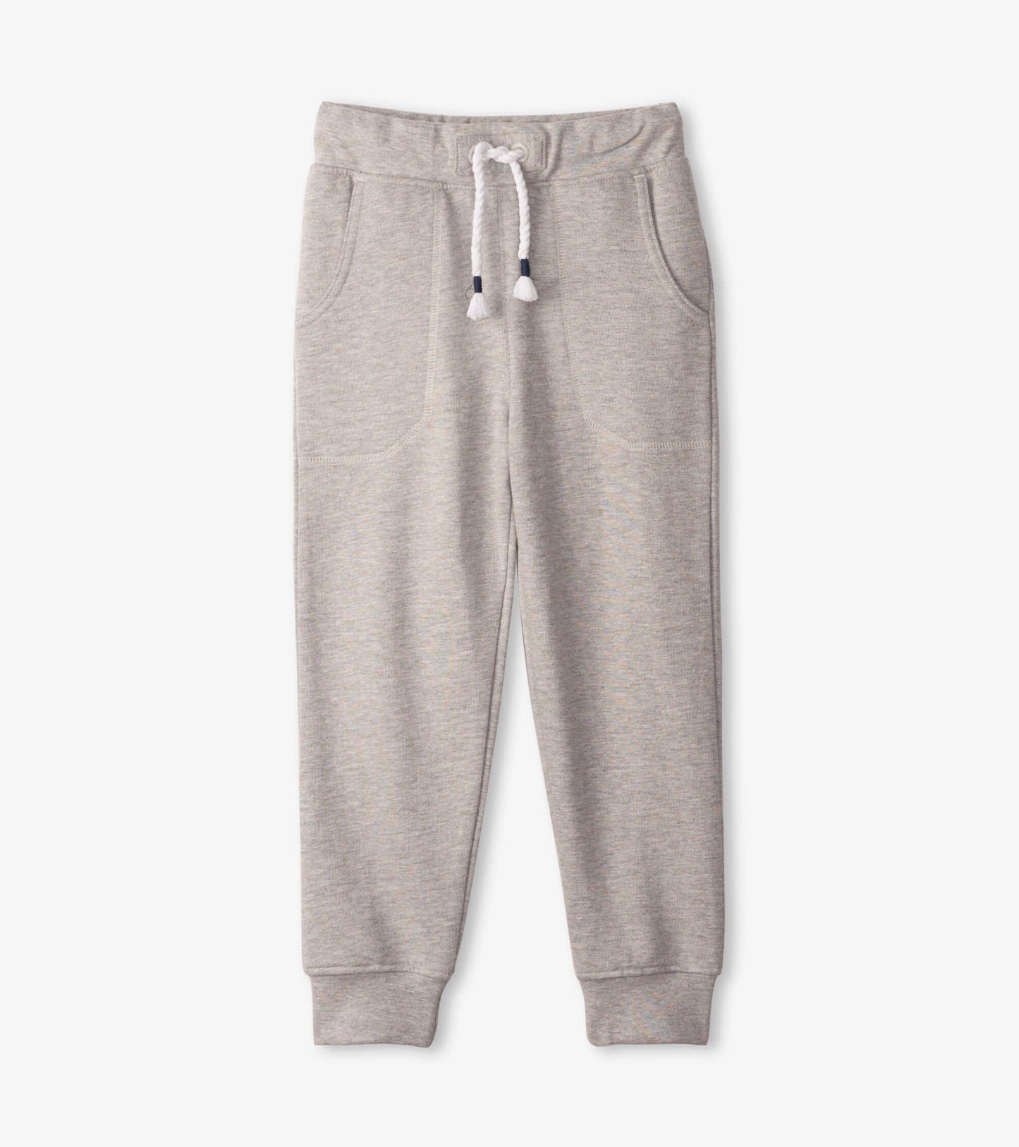 Grey slim fit joggers with elastic waistband, drawstring, and side pockets. Suitable for athletic activities.
