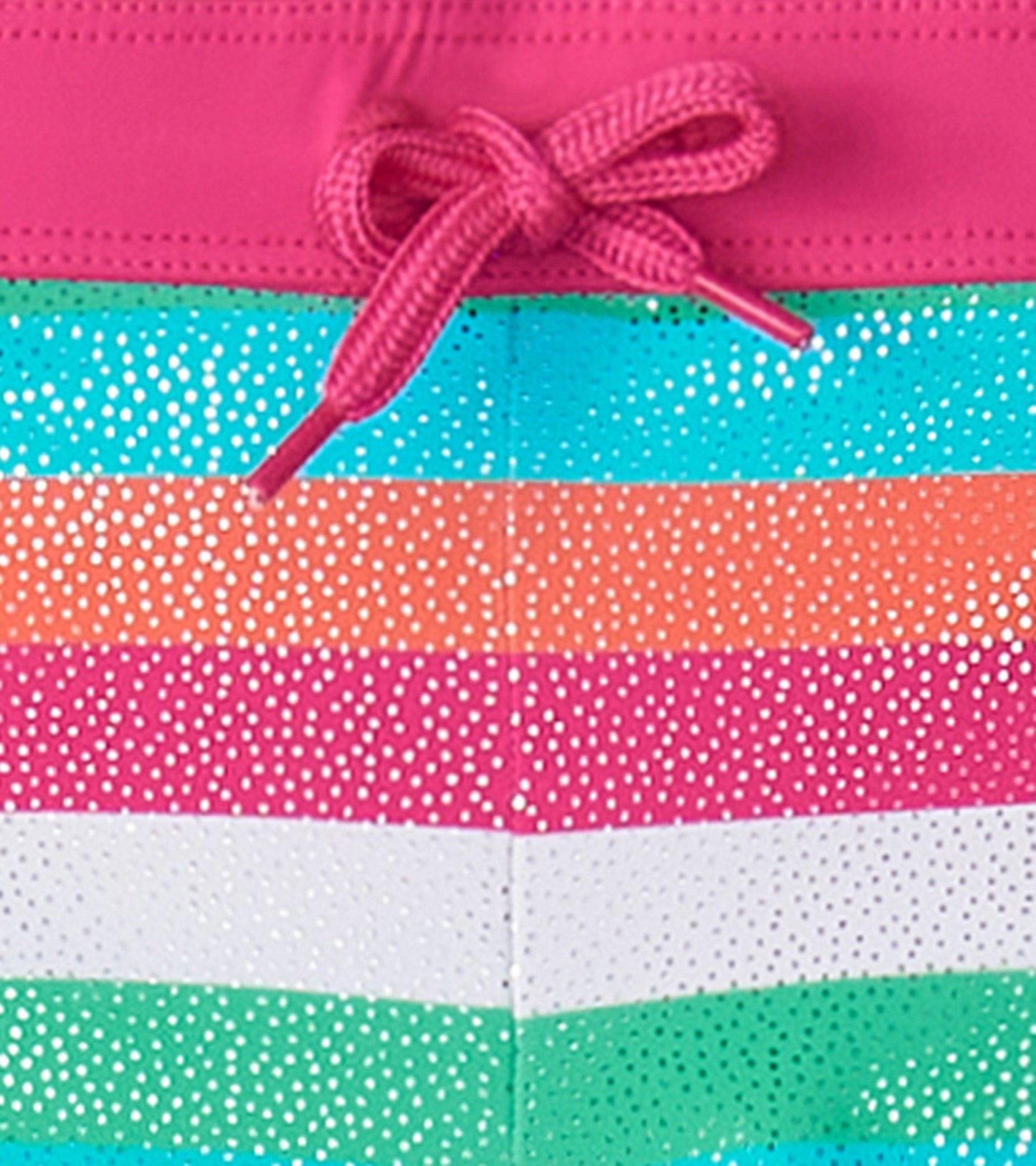 Colorful swim shorts featuring horizontal stripes in pink, orange, turquoise, white, and green with a drawstring waist.