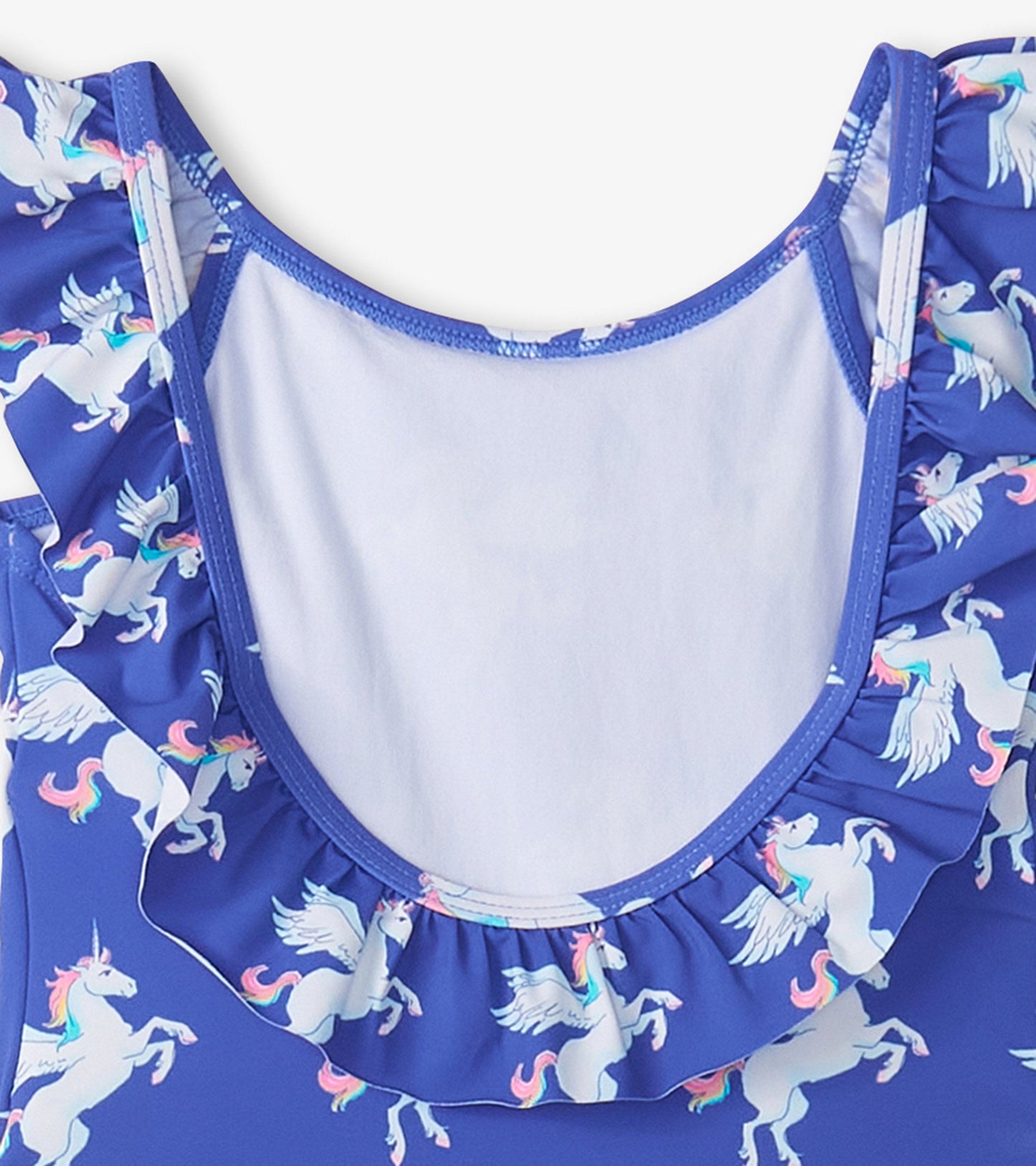 Blue swimsuit featuring a unicorn print and ruffle sleeves, designed for girls.