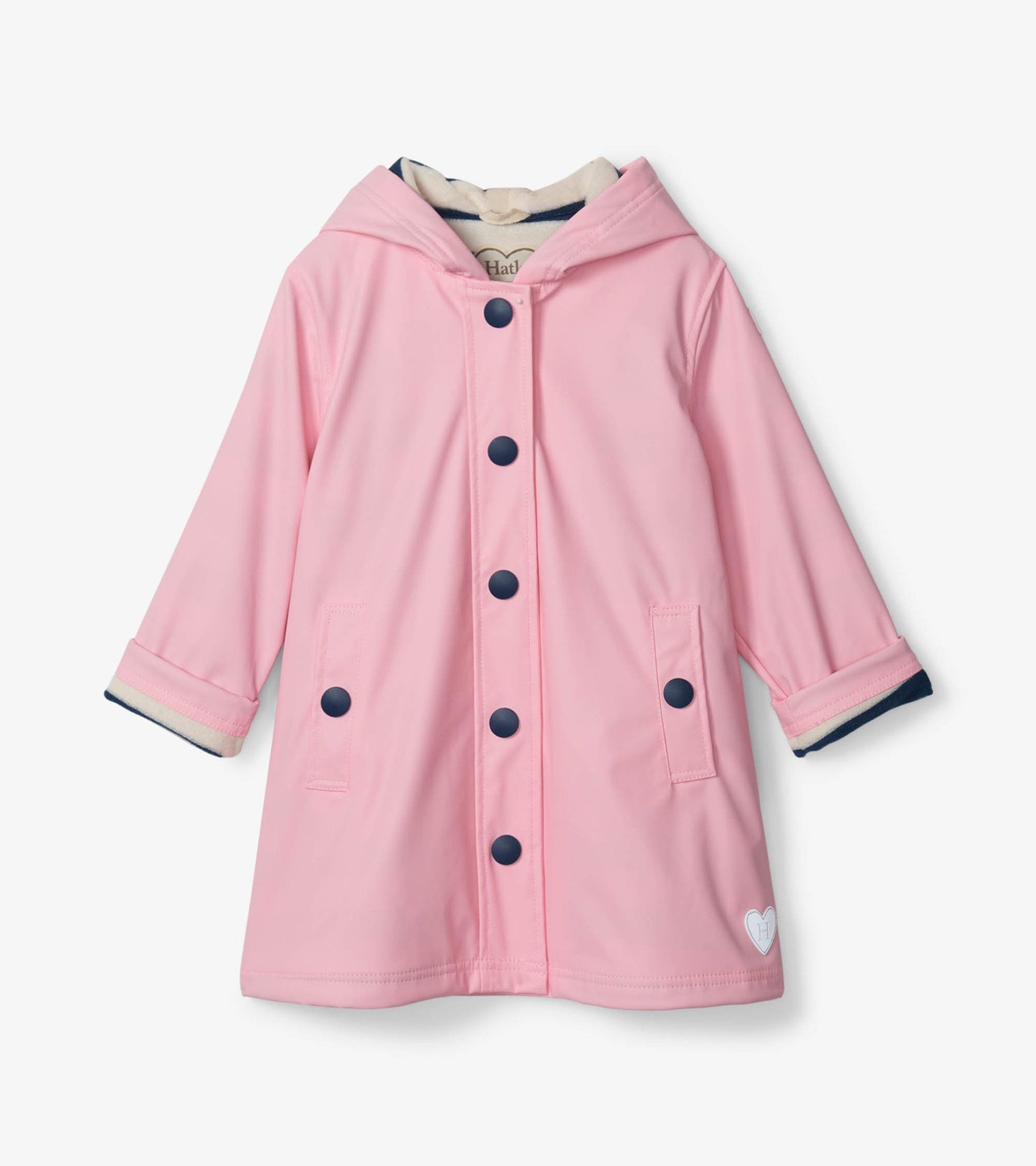 Pink button-up raincoat with navy buttons and striped lining, featuring a hood and front pockets.