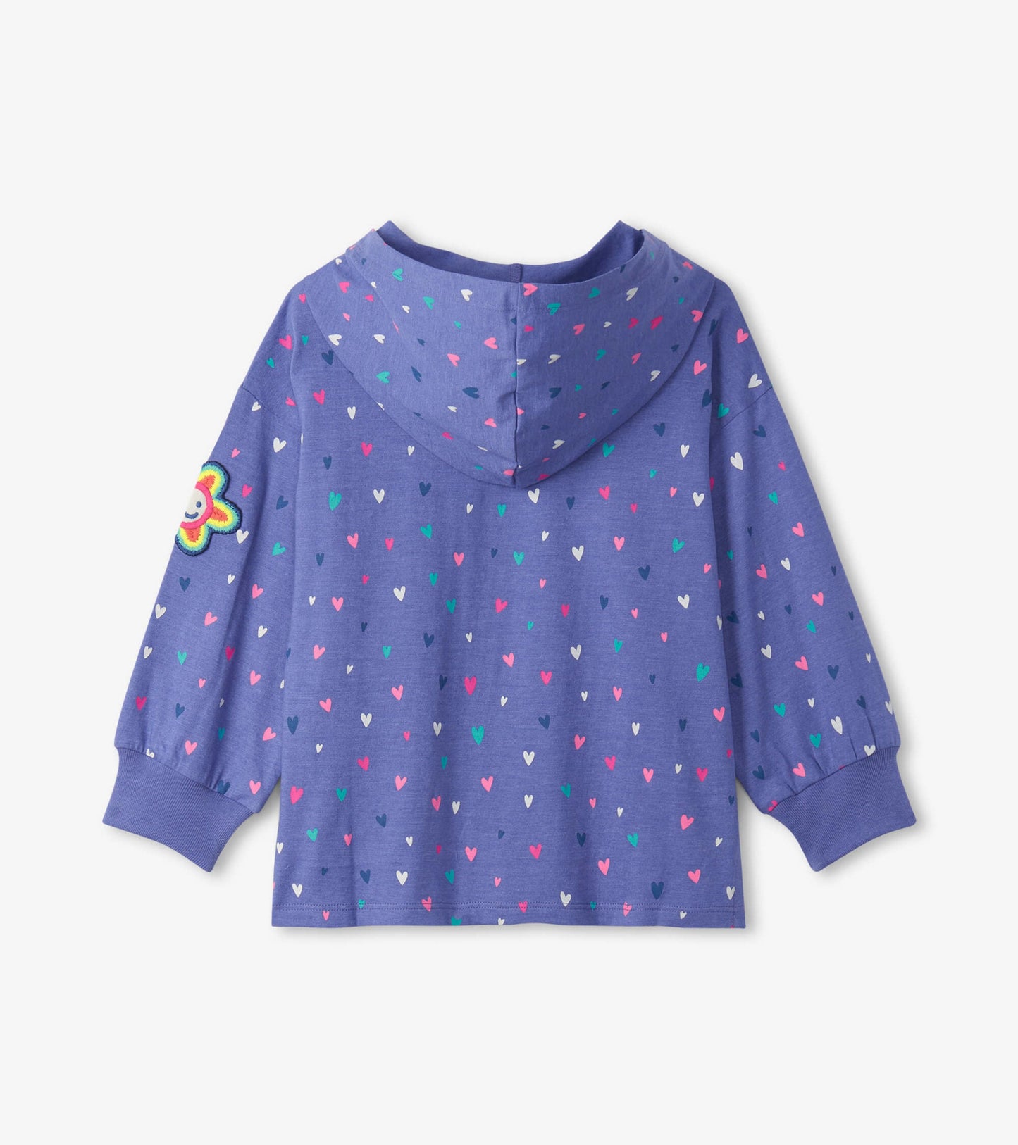 Purple hoodie with a heart pattern and a colorful flower patch on the sleeve, shown from the back.