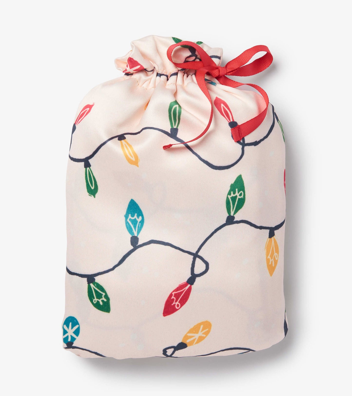 Light pink reusable gift bag with a festive pattern of colorful holiday lights and a red drawstring closure.