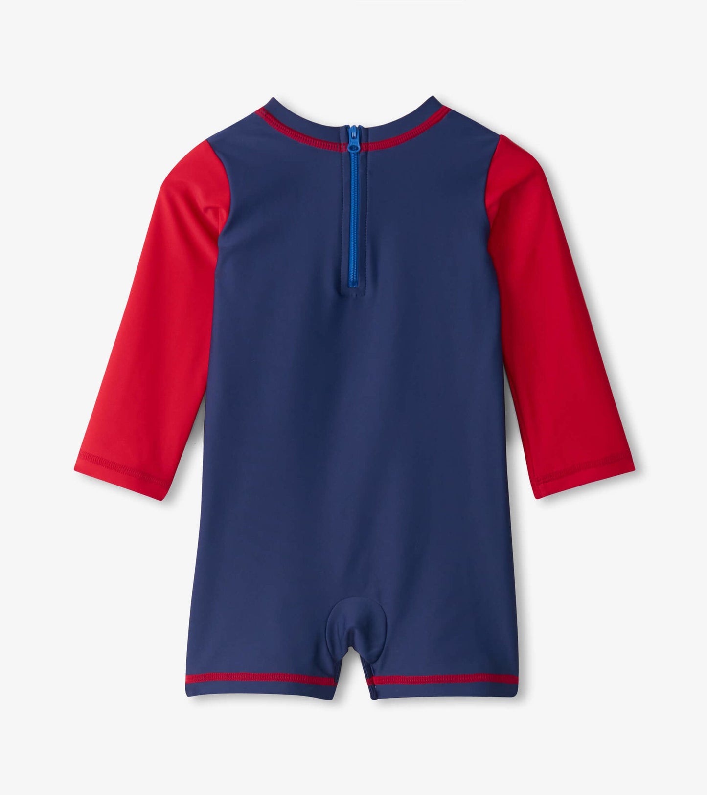 Navy and red long-sleeve one-piece rashguard with a zip back, designed for baby boys.