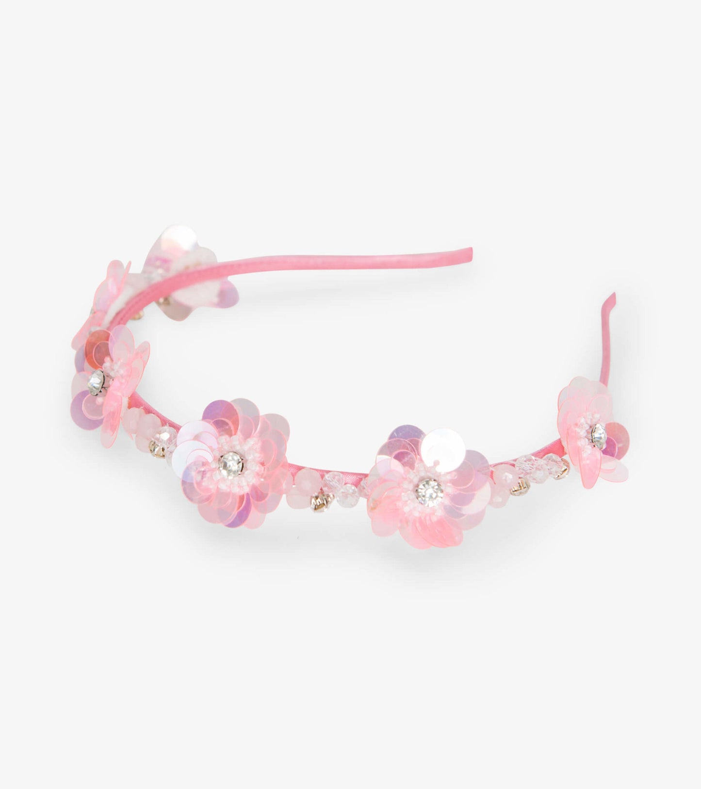 Pink flower crown headband adorned with sequins and beads, designed for kids. One size fits all.