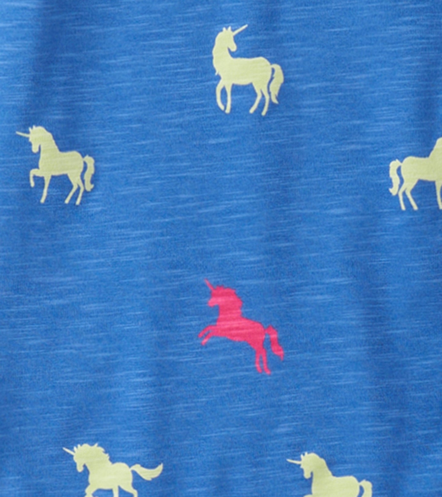 Blue pajama fabric featuring yellow and pink unicorn patterns, suitable for kids.