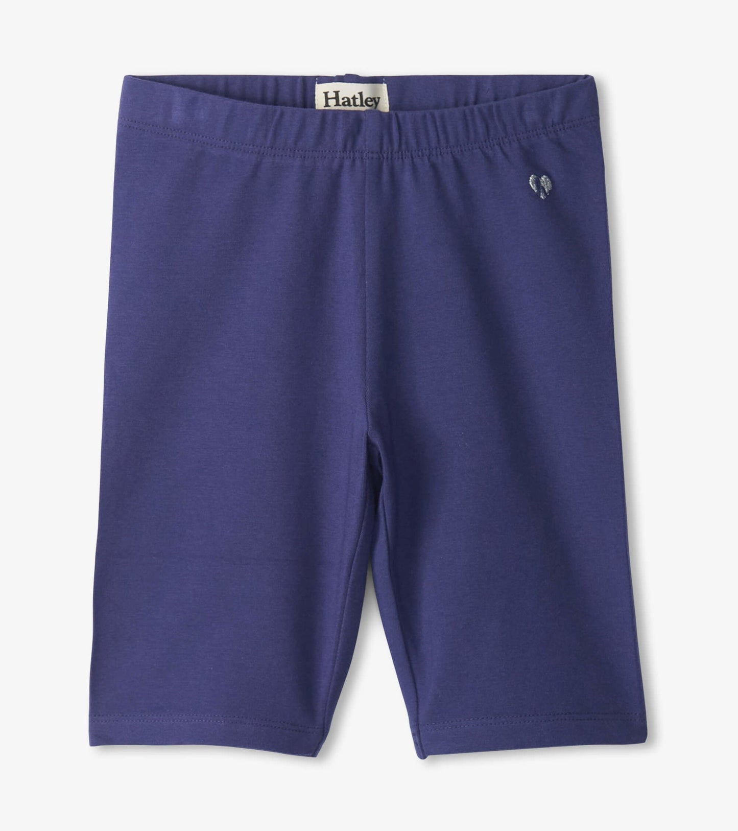 Navy bike shorts with an elastic waistband, made from soft, stretchy fabric, suitable for active wear.