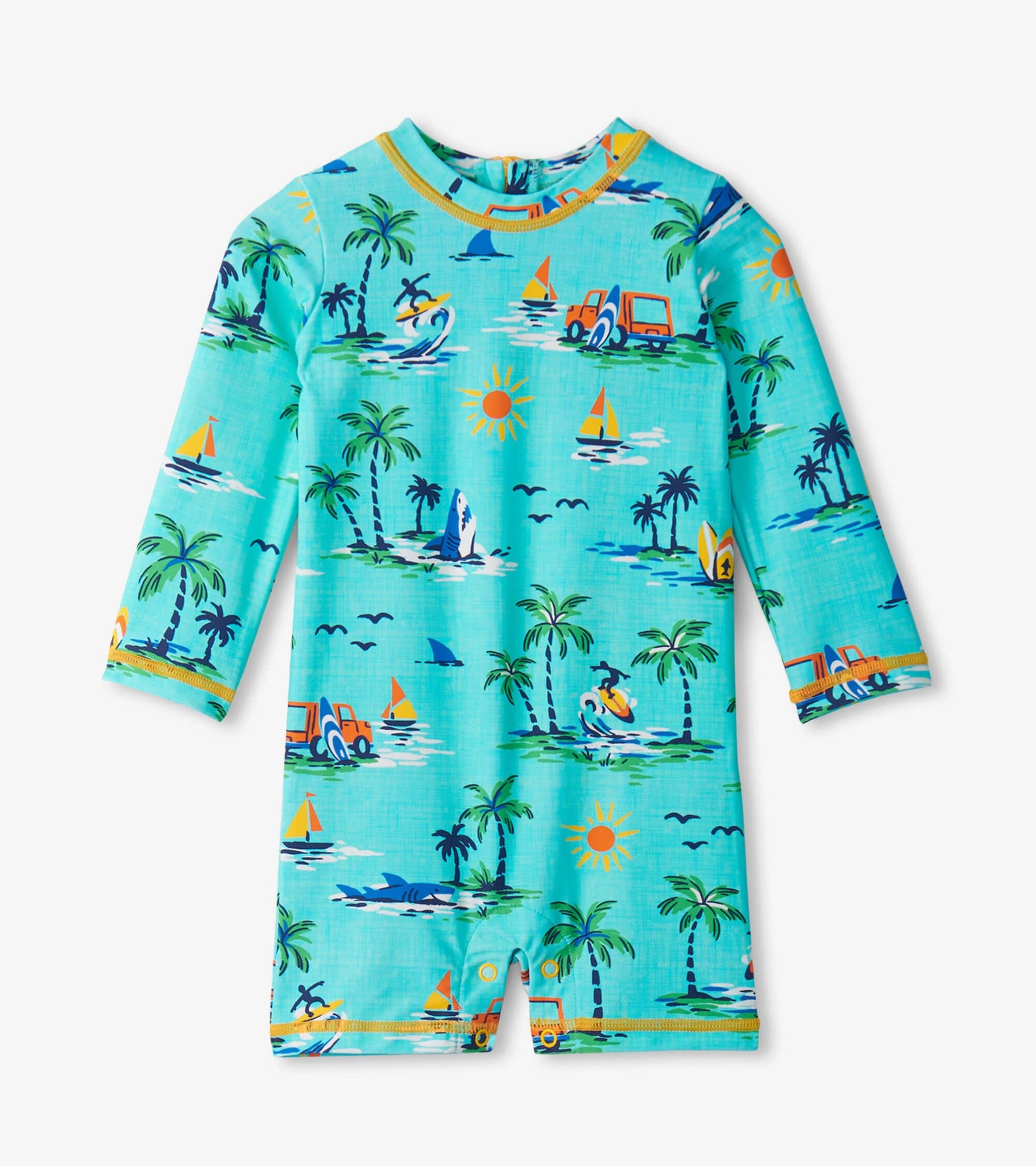 Turquoise long-sleeve rashguard with a colorful beach scene, featuring palm trees, boats, and sun motifs.