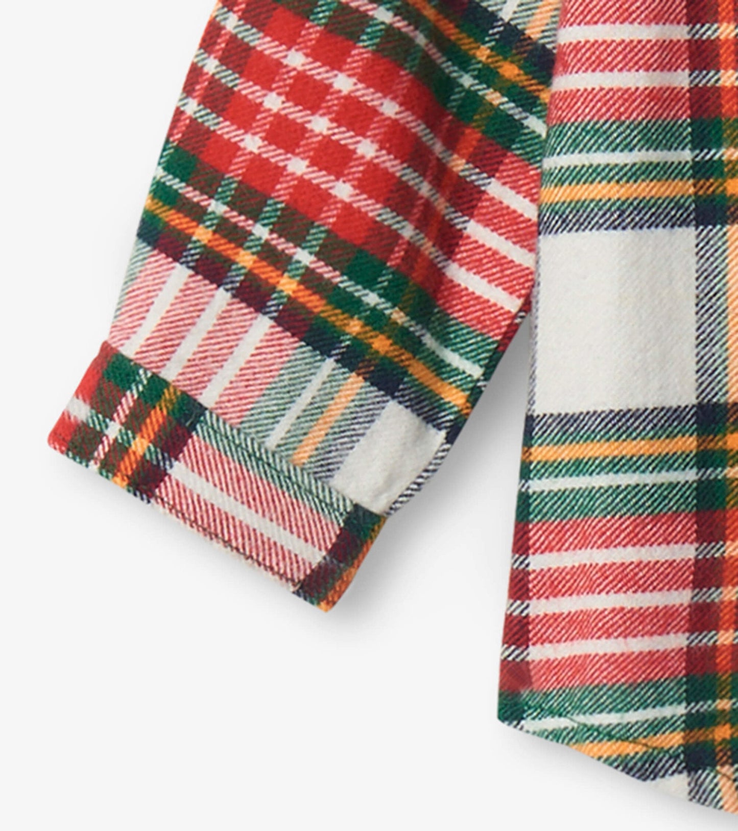 Red, green, and white plaid button-down shirt for babies, featuring a classic collar and long sleeves.