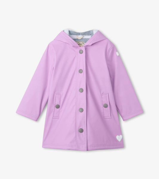 Lilac button-up raincoat with a hood, snap buttons, and front pockets, designed for girls.