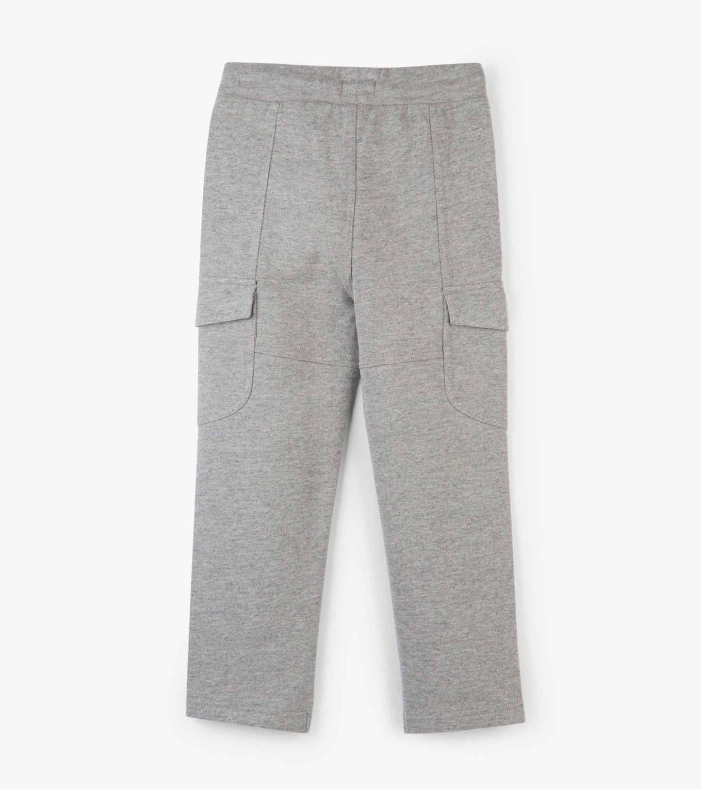 Grey cargo joggers featuring side pockets and a comfortable elastic waistband. Suitable for casual wear.