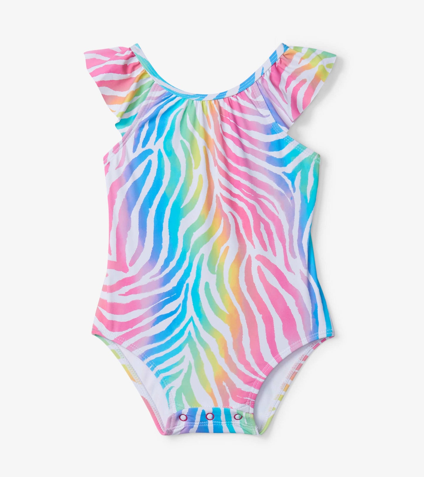 Colorful ruffle swimsuit featuring a rainbow zebra pattern, designed for babies with snap closures at the bottom.