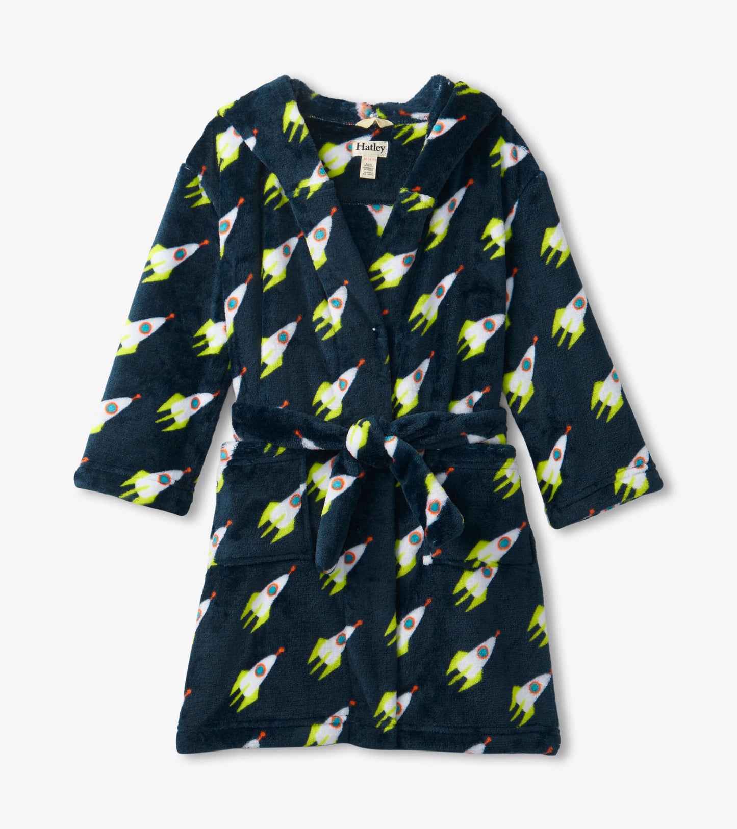 Navy fleece robe featuring a rocket pattern, with a hood and tie belt, suitable for kids.