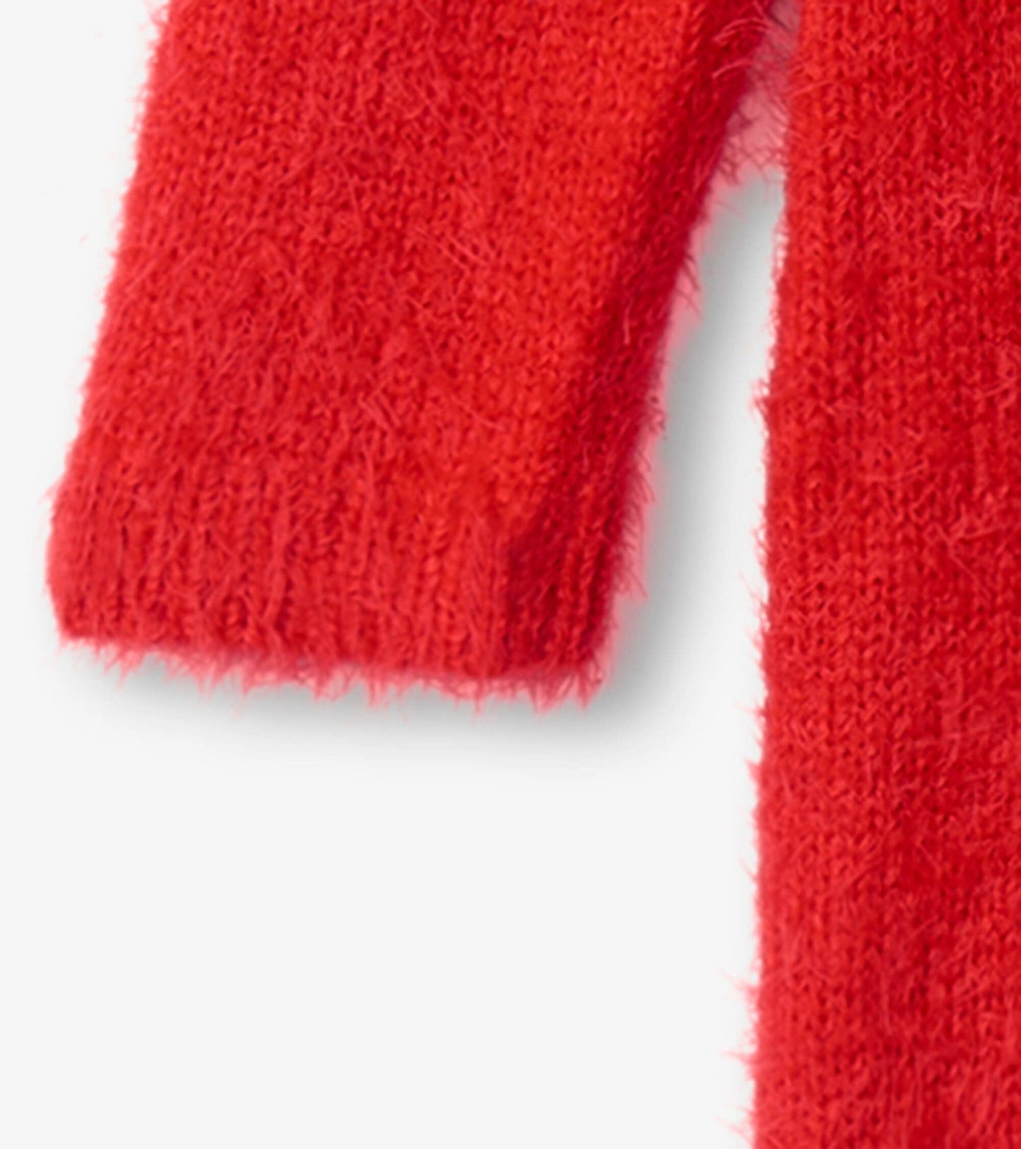 Red fuzzy sweater dress with a soft texture, featuring long sleeves and a cozy design for infants and toddlers.