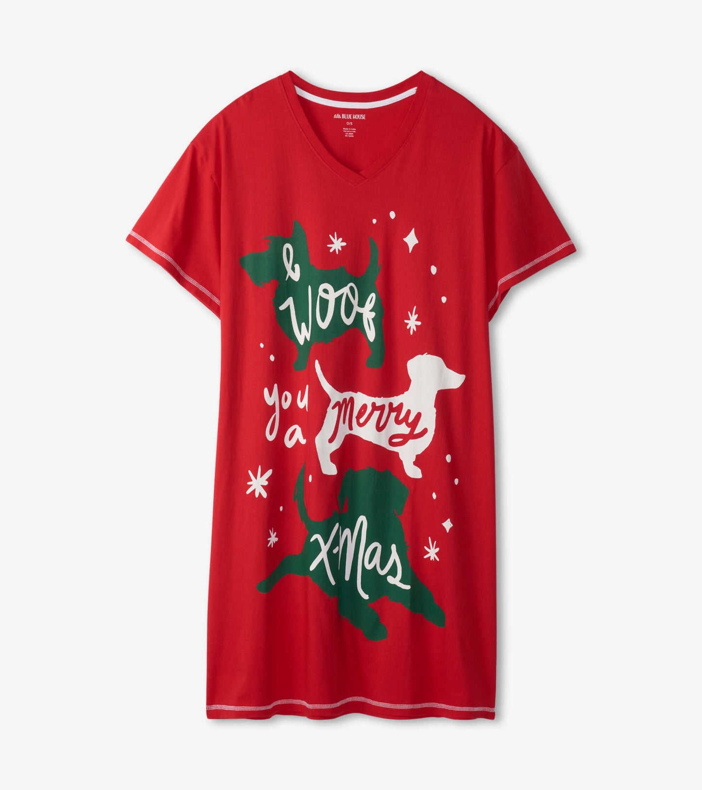 Red sleepshirt featuring playful dog graphics and festive text, with a V-neck and short sleeves. One size.