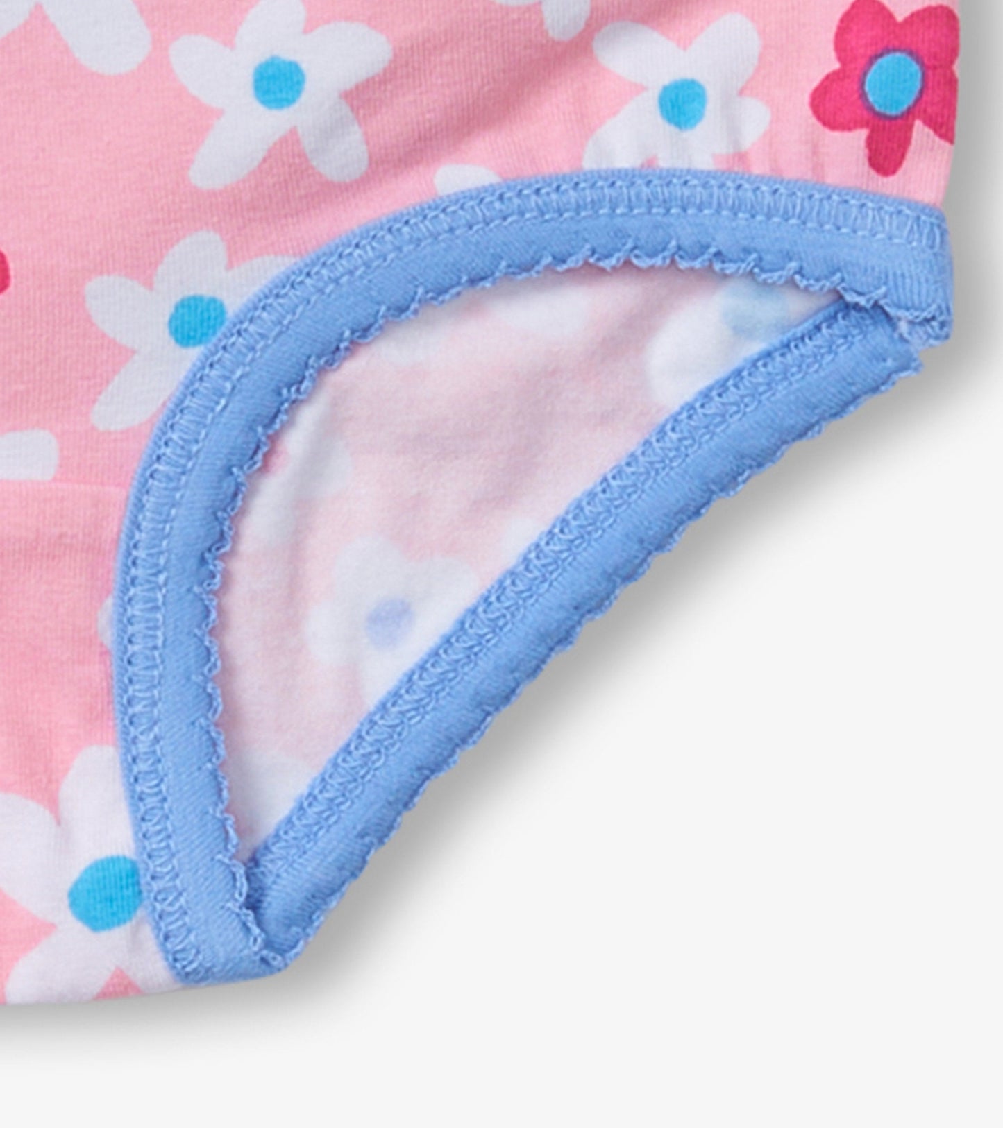 Pink hipster underwear with floral pattern, blue trim, soft cotton material, designed for girls.