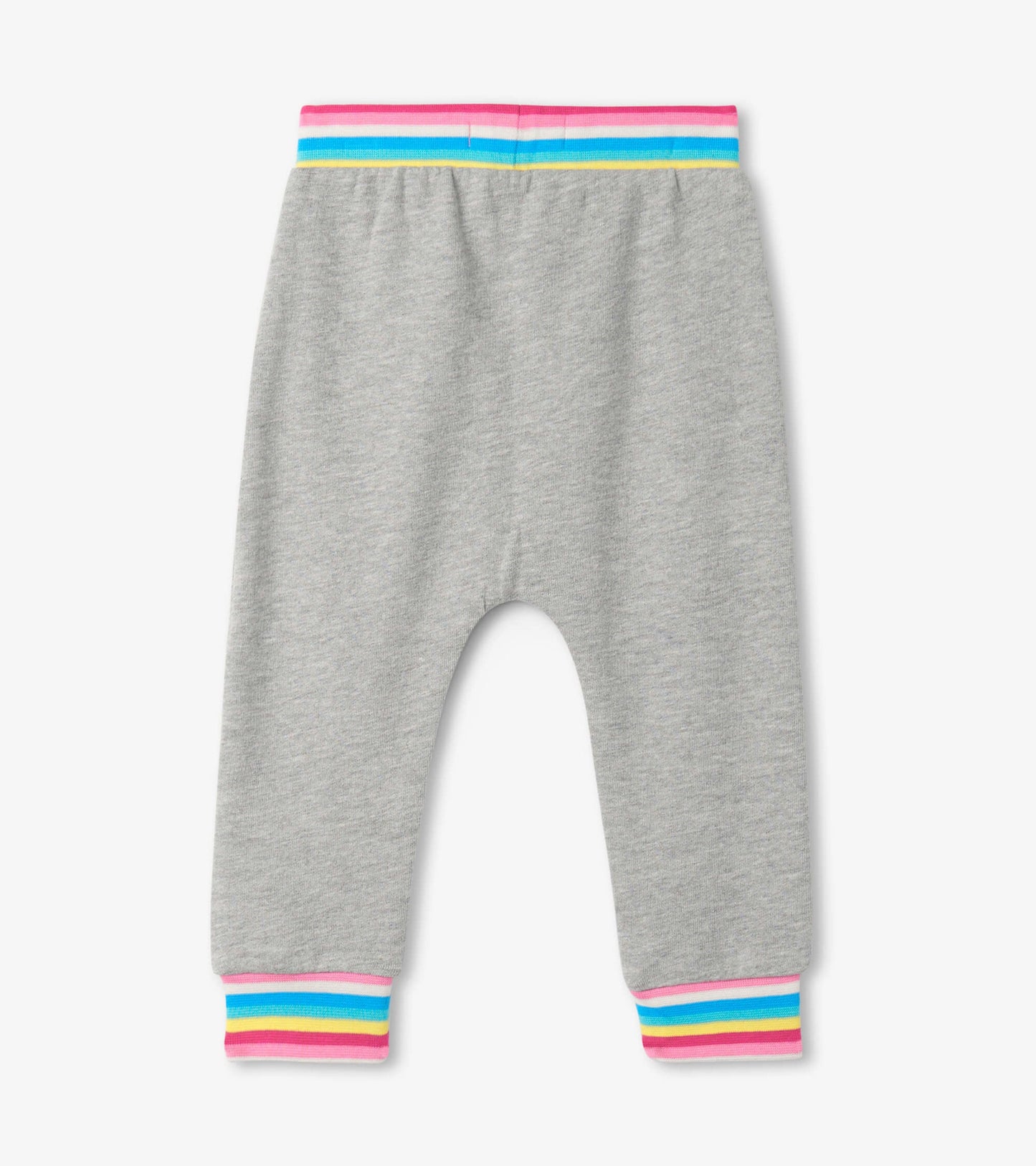 Gray joggers with colorful striped waistband and cuffs, designed for babies, featuring a relaxed fit.