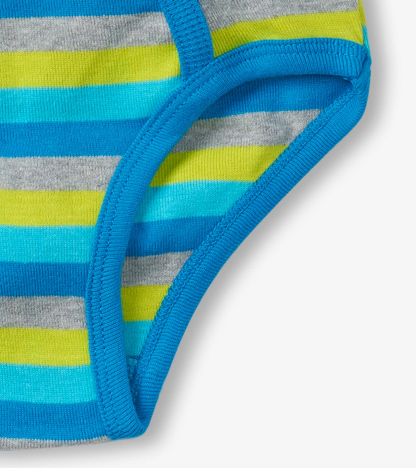 Blue, green, and gray striped classic briefs with a soft elastic waistband, suitable for boys.