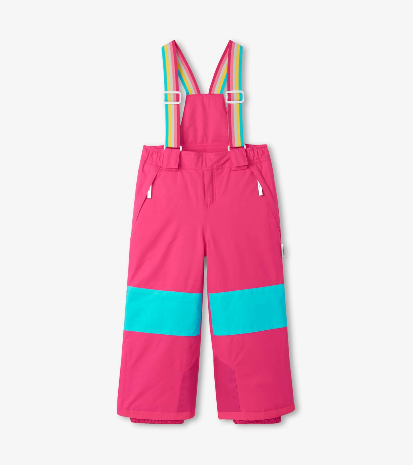 Bright pink snow pants with turquoise stripes and colorful suspenders, featuring side pockets and a relaxed fit.