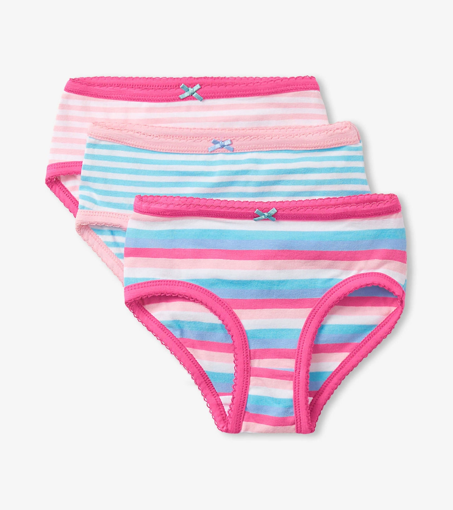 Three pairs of girls' brief underwear featuring pink and blue stripes with decorative bows on the waistband.