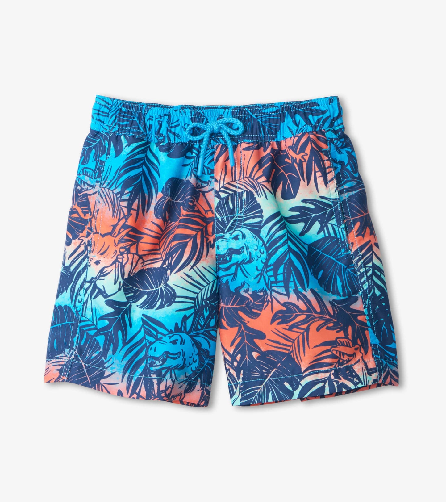 Blue swim trunks featuring a vibrant dinosaur and tropical leaf pattern, ideal for kids' summer wear.