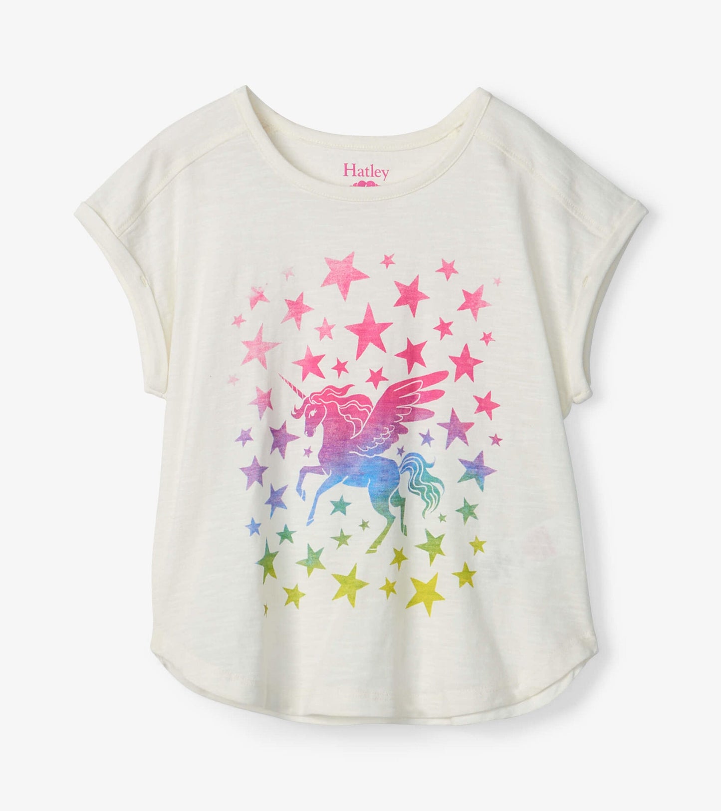 Light cream relaxed t-shirt featuring a colorful unicorn and star graphic, perfect for casual wear.