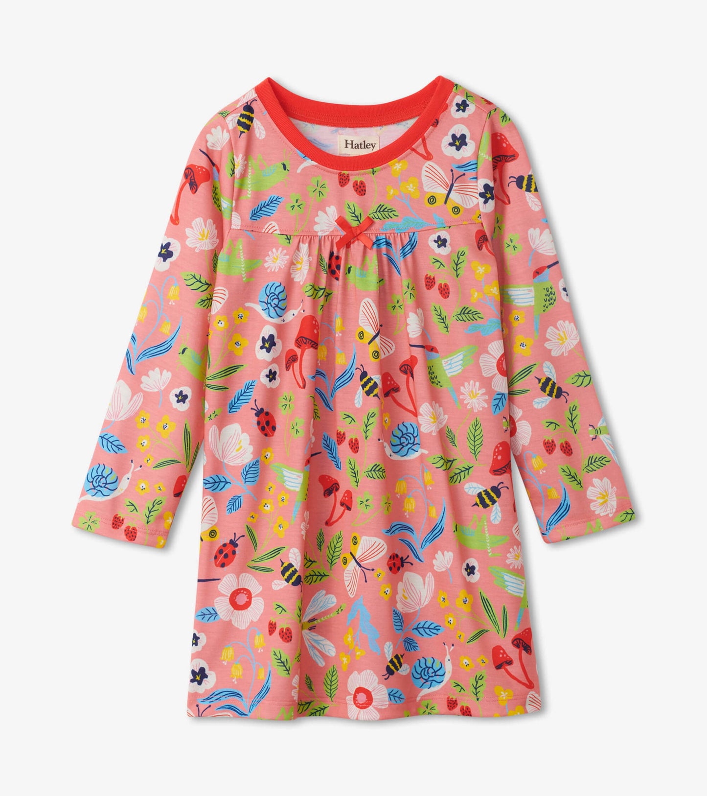 Pink long sleeve nightdress featuring a colorful floral and insect pattern with a red neckline.