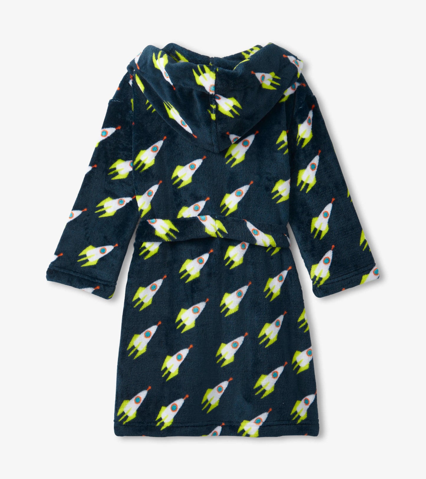 Navy fleece robe with rocket pattern, featuring a hood and belt, suitable for kids in sizes S/M/L/XL.